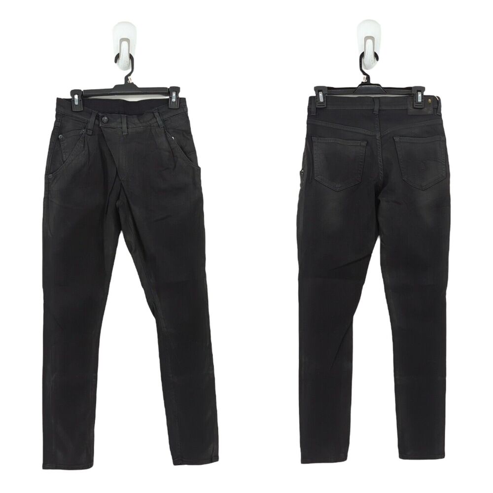 R13 Women 24 X-Over Crossover Jeans Waxed Black Slim Fit Stretch Denim NEW